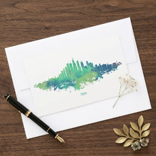 Chicago Skyline Akvarell Blå Grön Stad Konst Rektangulärt Klistermärke
