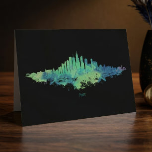 Chicago Skyline Akvarell Blå Grön Stad Konst Tack Kort