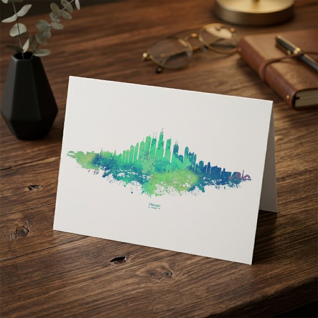 Chicago Skyline Akvarell Blå Grön Stad Konst Tack Kort (Chicago Skyline Watercolor Blue Green City Art. Thank You Card )