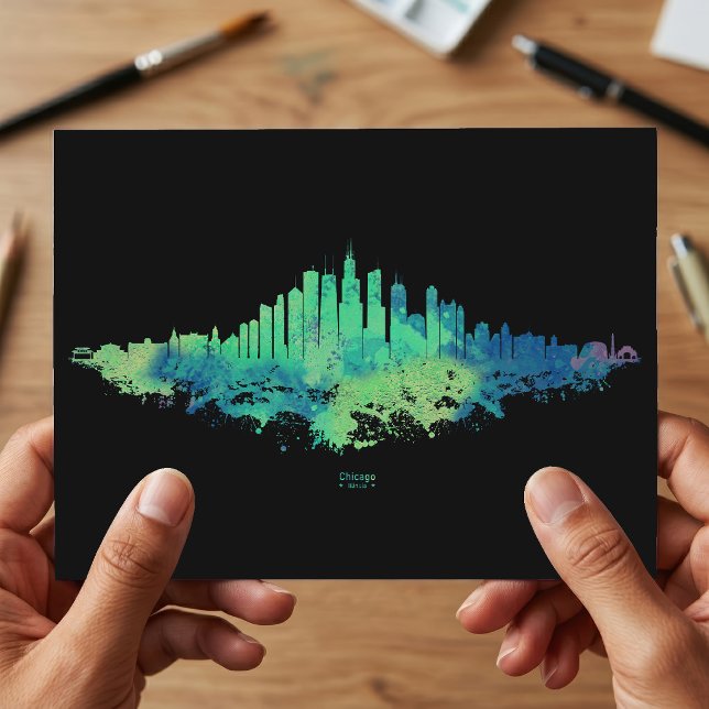 Chicago Skyline Akvarell Blå Grön Stad Konst Vykort (Chicago Skyline Watercolor Blue Green City Art. Postcard)