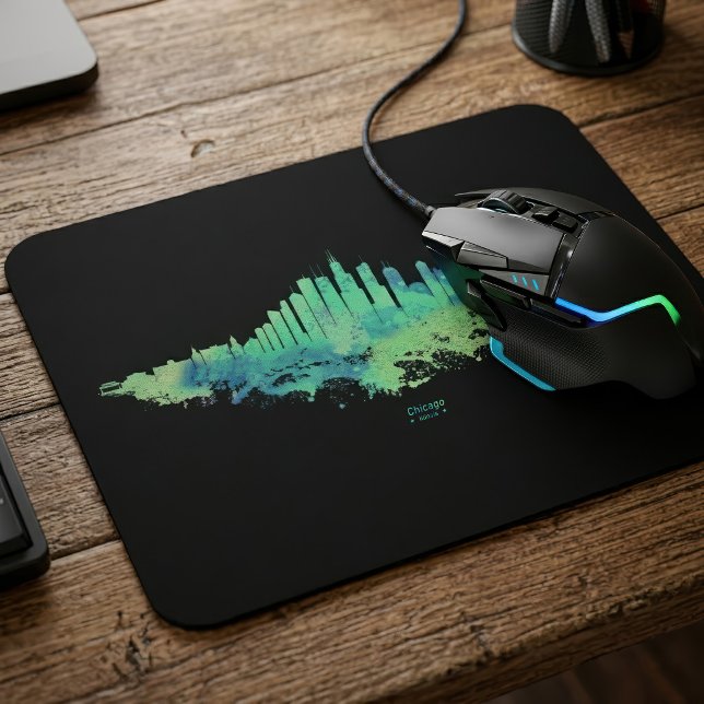 Chicago Skyline Akvarell Blå Grön Stadskonst Musmatta (Chicago Skyline Watercolor Blue Green City Art. Mouse Pad)