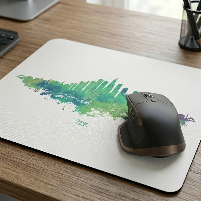 Chicago Skyline Akvarell Blå Grön Stadskonst Musmatta (Chicago Skyline Watercolor Blue Green City Art. Mouse Pad)