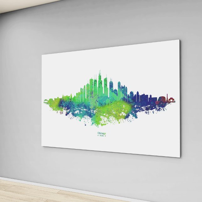 Chicago Skyline Akvarell Blå & Lime Konsttryck Canvastryck (Chicago Skyline Watercolor Blue & Lime Art Prints. Canvas Print)