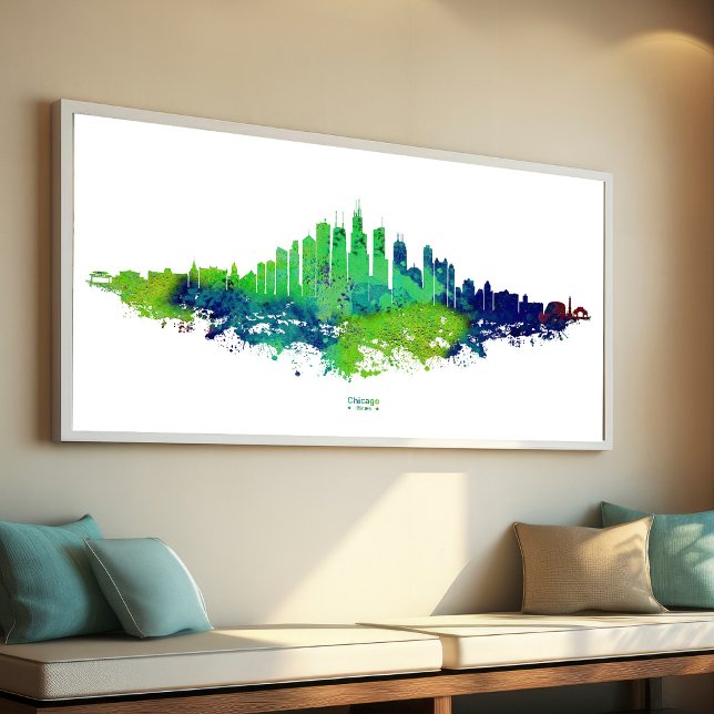 Chicago Skyline Akvarell Blå & Lime Konsttryck Fototryck (Chicago Skyline Watercolor Blue & Lime Art Prints. Photo Print)