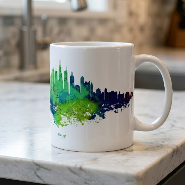 Chicago Skyline Akvarell Blå & Lime Konsttryck Kaffemugg (Chicago Skyline Watercolor Blue & Lime Art Prints. Coffee Mug)