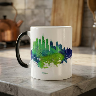 Chicago Skyline Akvarell Blå & Lime Konsttryck Magisk Mugg