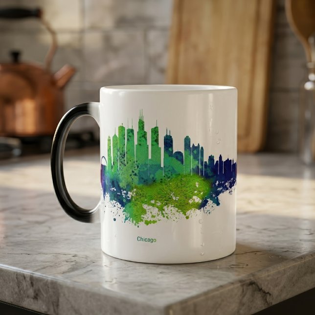 Chicago Skyline Akvarell Blå & Lime Konsttryck Magisk Mugg (Chicago Skyline Watercolor Blue & Lime Art Prints. Color Morph Mug )