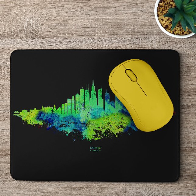 Chicago Skyline Akvarell Blå & Lime Konsttryck Musmatta (Chicago Skyline Watercolor Blue & Lime Art Prints. Mouse Pad)