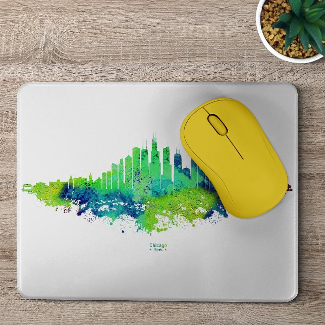 Chicago Skyline Akvarell Blå & Lime Konsttryck Musmatta (Chicago Skyline Watercolor Blue & Lime Art Prints. Mouse Pad)
