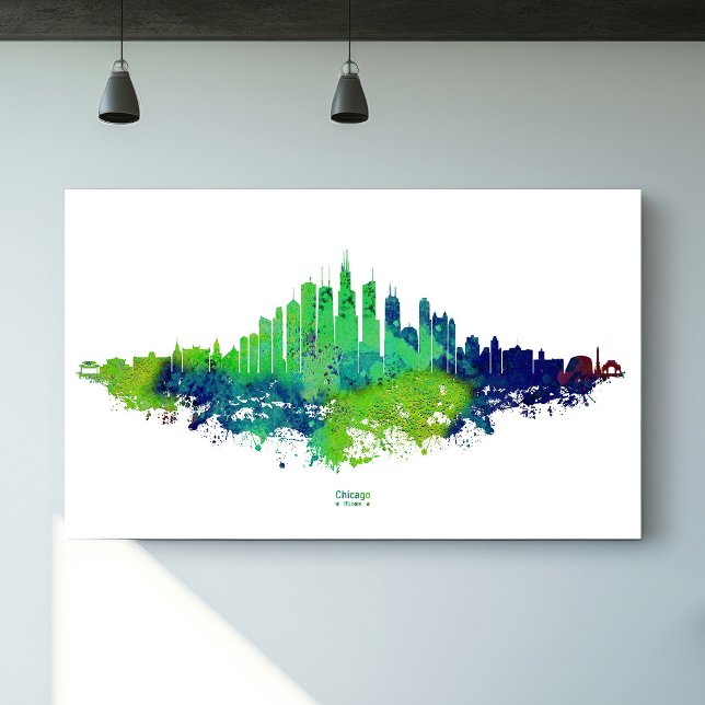 Chicago Skyline Akvarell Blå & Lime Konsttryck Poster (Chicago Skyline Watercolor Blue & Lime Art Prints. Poster)