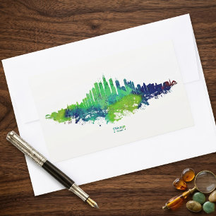 Chicago Skyline Akvarell Blå & Lime Konsttryck Rektangulärt Klistermärke