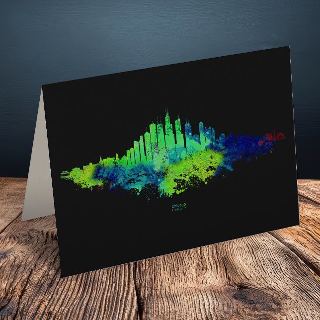 Chicago Skyline Akvarell Blå & Lime Konsttryck Tack Kort (Chicago Skyline Watercolor Blue & Lime Art Prints. Thank You Card)