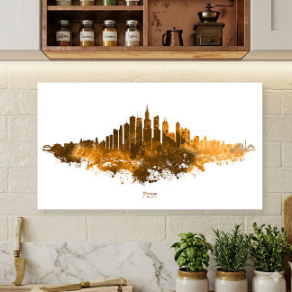 Chicago Skyline Akvarell Orange Stadssilhuett Kons Poster