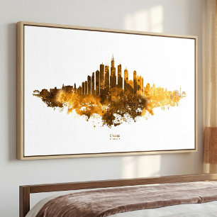 Chicago Skyline Akvarell Orange Stadssiluett Konst Fototryck