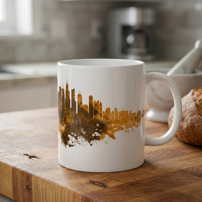 Chicago Skyline Akvarell Orange Stadssiluett Konst Kaffemugg (Chicago Skyline Watercolor Orange Cityscape Art. Coffee Mug)