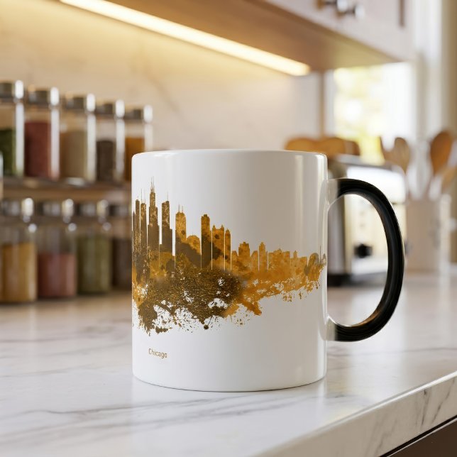Chicago Skyline Akvarell Orange Stadssiluett Konst Magisk Mugg (Chicago Skyline Watercolor Orange Cityscape Art. Color Morph Mug )