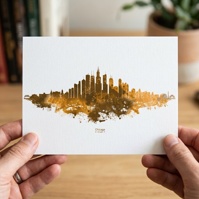 Chicago Skyline Akvarell Orange Stadssiluett Konst Vykort (Chicago Skyline Watercolor Orange Cityscape Art. Postcard)