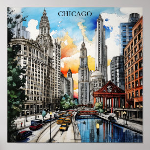 Chicago Skyline Akvarell – Windy City Resa Poster