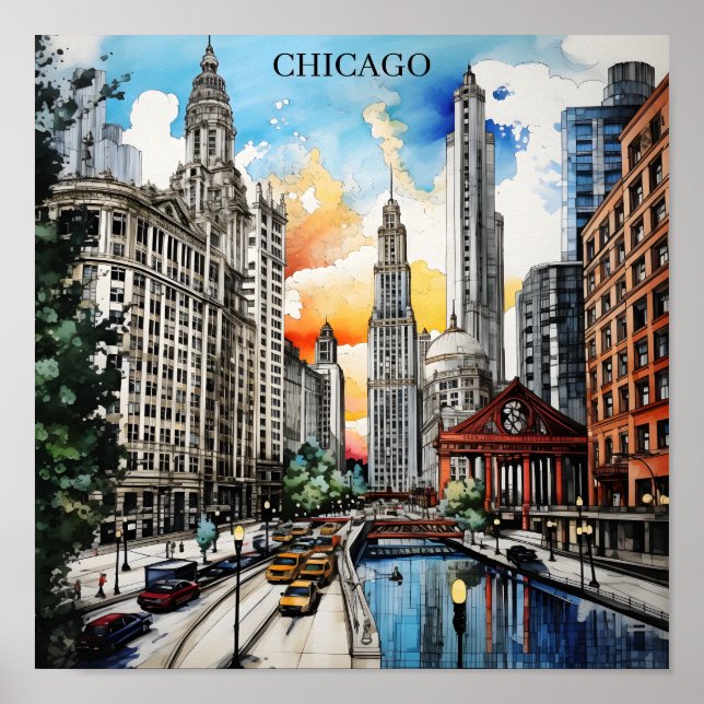 Chicago Skyline Akvarell – Windy City Resa Poster (Framsidan)