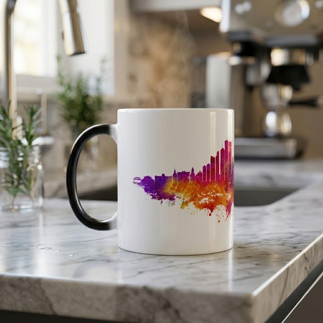 Chicago Skyline Akvarellkonst på Vit Bakgrund Magisk Mugg (Chicago Skyline Watercolor Art on White Background. Color Morph Mug)