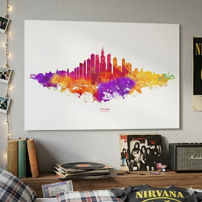 Chicago Skyline Akvarellkonst på Vit Bakgrund Poster (Chicago Skyline Watercolor Art on White Background. Poster)