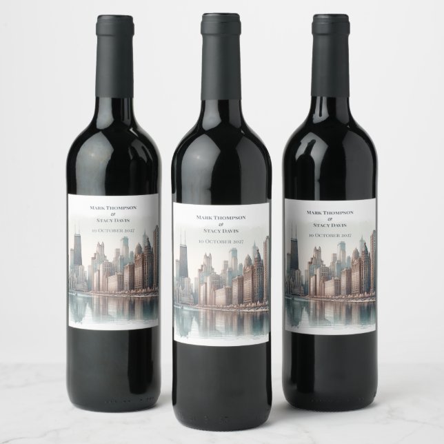 Chicago Skyline Arkitektur Vattenfärg Bröllop Vinflaska Etikett (Flaskor)