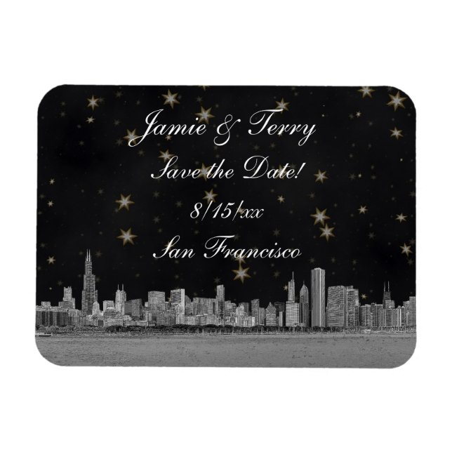 Chicago Skyline Black Guld Star Spara datum Magnet (Horisontell)