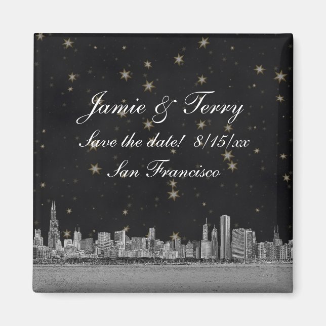 Chicago Skyline Black Guld Star Spara datum Magnet (Framsidan)