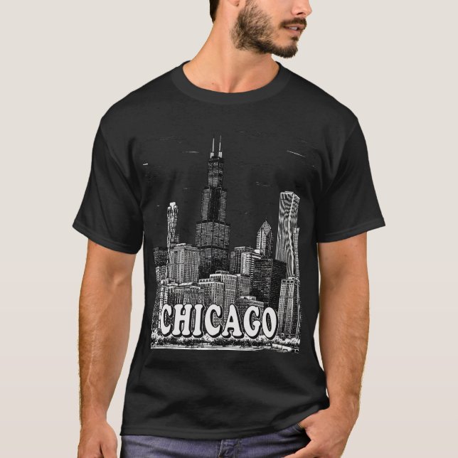 Chicago Skyline - Black & White Minimalist City Gr T Shirt (Framsida)