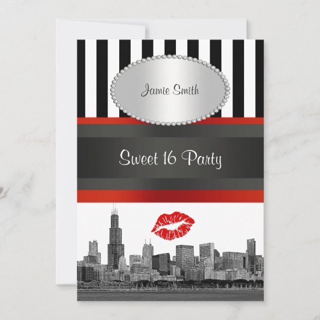 Chicago Skyline BW Blk Wht Strp Red Kiss Sweet 16 Inbjudningar (Framsida)
