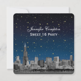 Chicago Skyline Etch Blå Stjärnig SQ Sweet 16 Inbjudningar