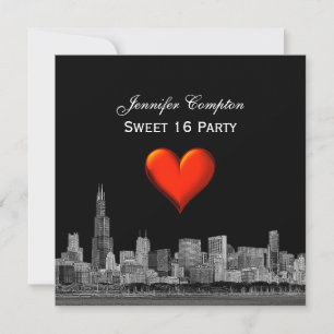 Chicago Skyline Etch DIY BG Red Heart SQ Sweet 16 Inbjudningar