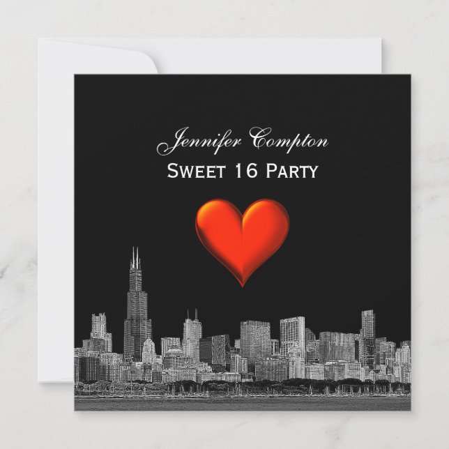 Chicago Skyline Etch DIY BG Red Heart SQ Sweet 16 Inbjudningar (Framsida)