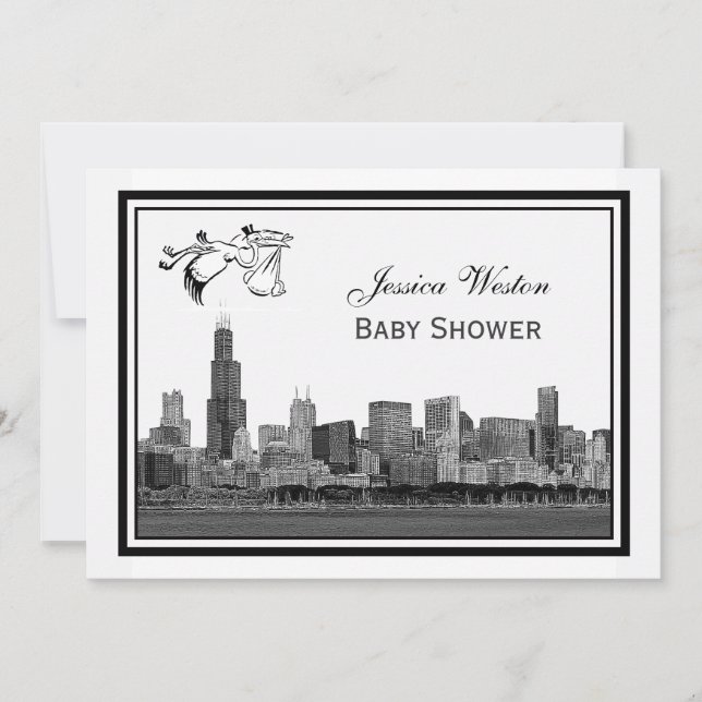 Chicago Skyline Etch Framed #2H Baby Shower Stork2 Inbjudningar (Framsida)