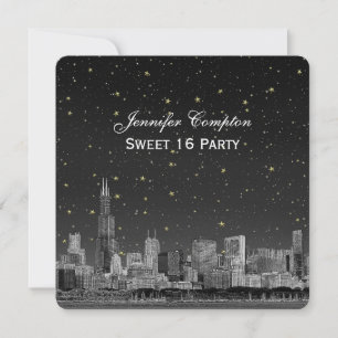 Chicago Skyline Etch Grå Stjärnig SQ Sweet 16 Inbjudningar