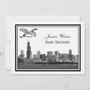 Chicago Skyline Etch Inramad #2H Baby Shower Stork Inbjudningar