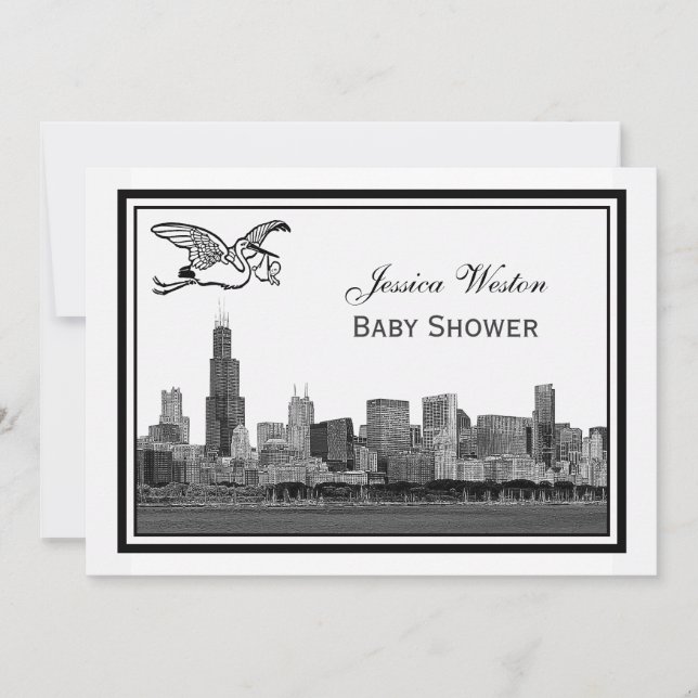 Chicago Skyline Etch Inramad #2H Baby Shower Stork Inbjudningar (Framsida)
