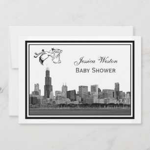 Chicago Skyline Etch Inramad #2H Baby Shower Stork Inbjudningar