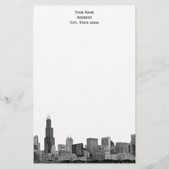 Chicago Skyline Etched 01 Stationery Brevpapper (Framsida)