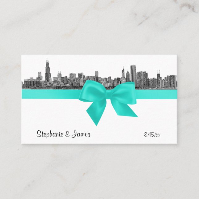 Chicago Skyline Etched BW Aqua Place Cards #2 Placeringskort (Framsida)