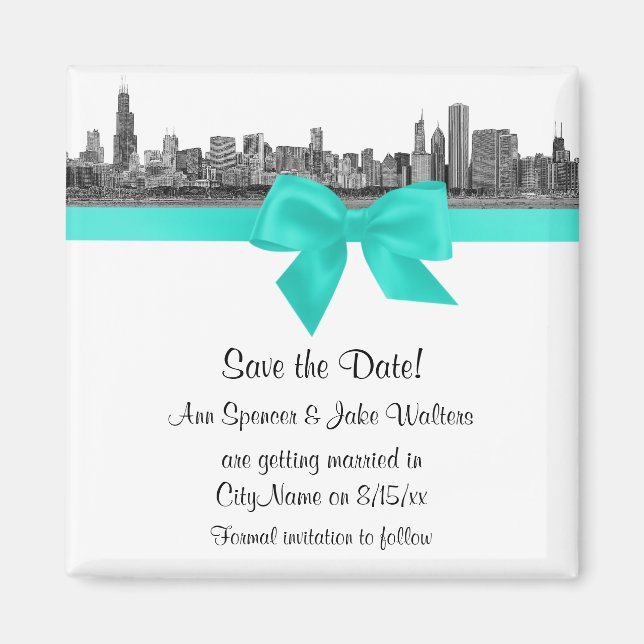 Chicago Skyline Etched BW Aqua Save Date Magnet (Framsidan)