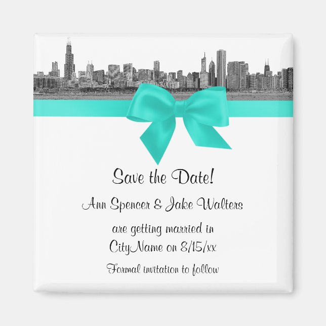 Chicago Skyline Etched BW Aqua Spara Datum Magnet (Framsidan)