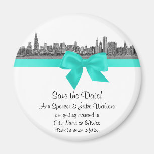 Chicago Skyline Etched BW Aqua Spara datum R Magnet