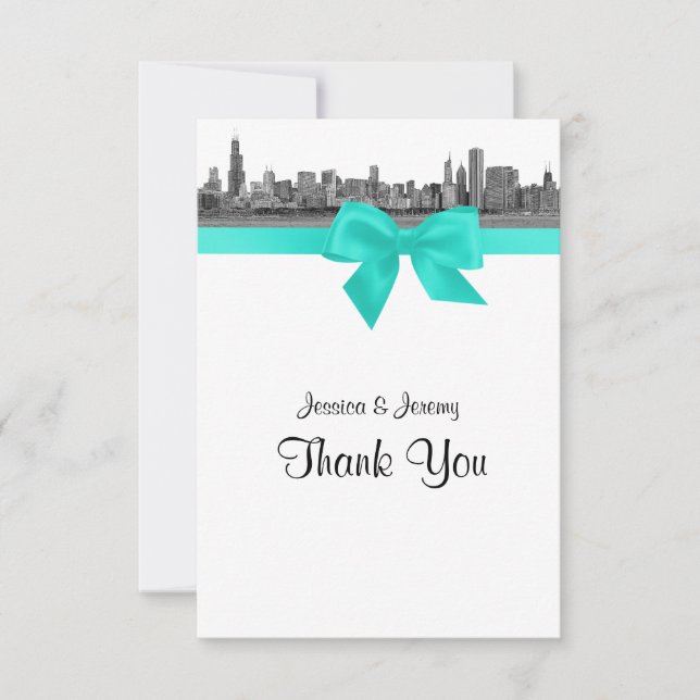 Chicago Skyline Etched BW Aqua Tack Kort (Framsida)