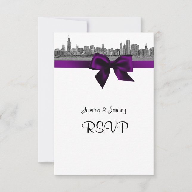 Chicago Skyline Etched BW Purple RSVP #2 OSA Kort (Framsida)