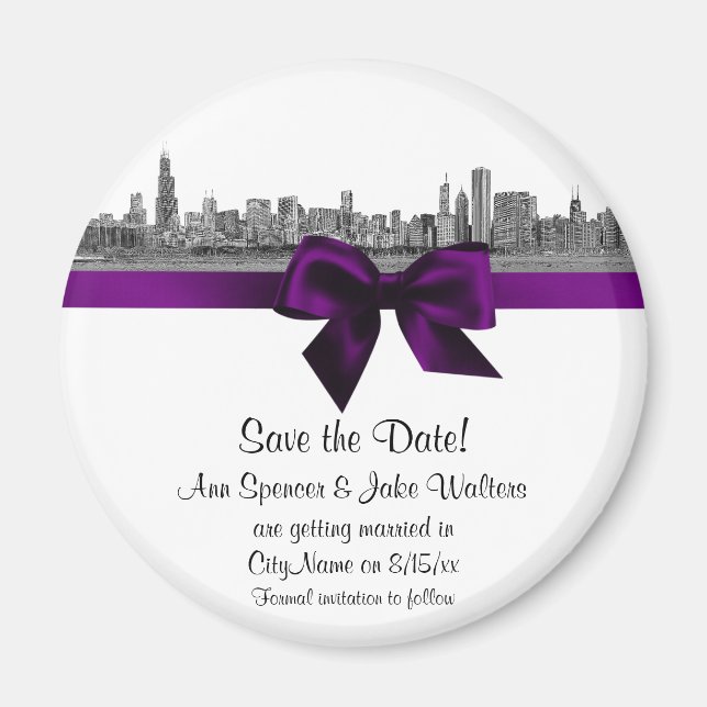 Chicago Skyline Etched BW Purple Spara datum R Magnet (Framsidan)