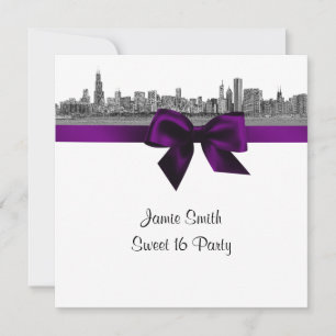 Chicago Skyline Etched BW Purple Sweet Sixteen SQ Inbjudningar
