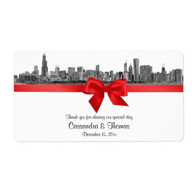 Chicago Skyline Etched BW Red H Vattenflaska Fraktsedel (Framsidan)