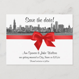 Chicago Skyline Etched BW Röd Save the Date Meddelande Vykort
