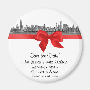 Chicago Skyline Etched BW Röd Save the Date R Magnet